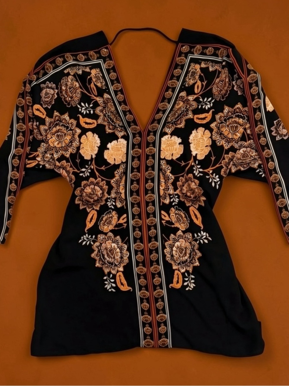 Floral Patterned Black V-Neck Women's Top